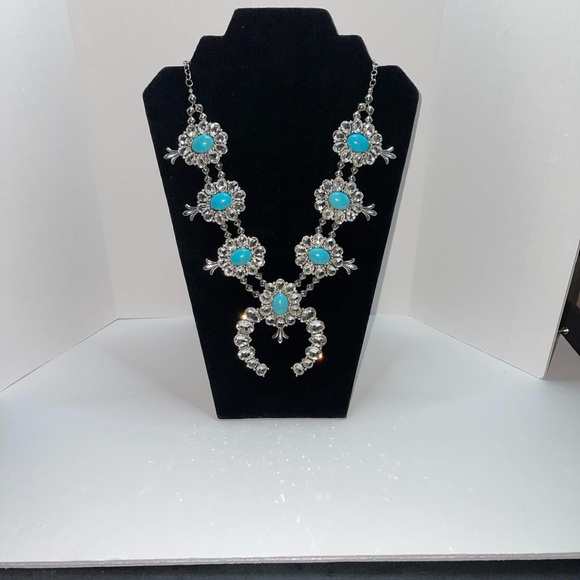Silver tone squash blossom necklace with rhinestones & faux turquoise - Picture 2 of 13